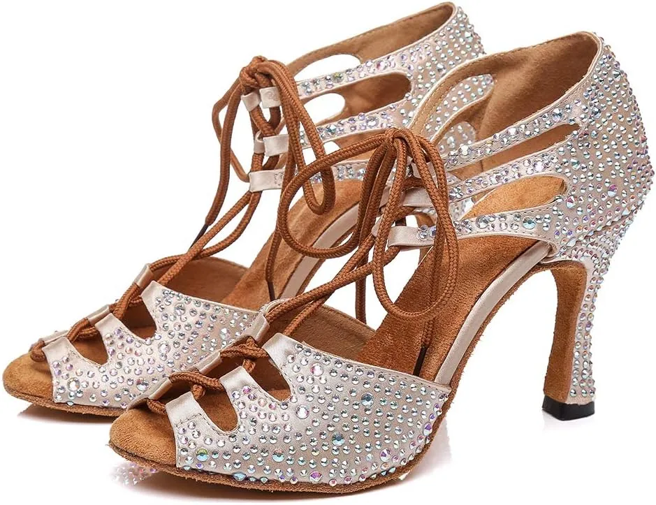 JUODVMP Women's Latin Dance Shoes with Rhinestone Peep Toe Lace Up Ballroom Salsa Tango Practice Performance Dance Shoes,Model YCL452