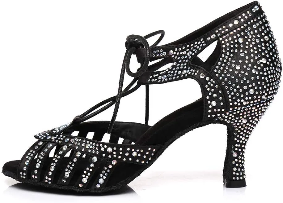 JUODVMP Women's Latin Dance Shoes with Rhinestone Peep Toe Lace Up Ballroom Salsa Tango Practice Performance Dance Shoes,Model YCL452