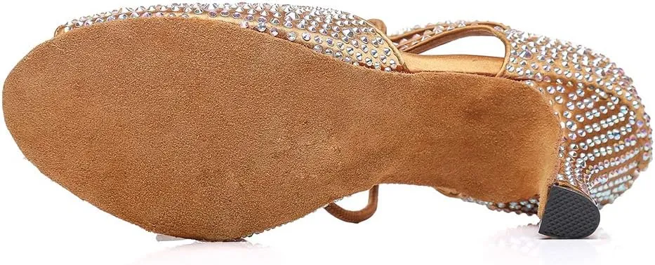 JUODVMP Women's Latin Dance Shoes with Rhinestone Peep Toe Lace Up Ballroom Salsa Tango Practice Performance Dance Shoes,Model YCL452