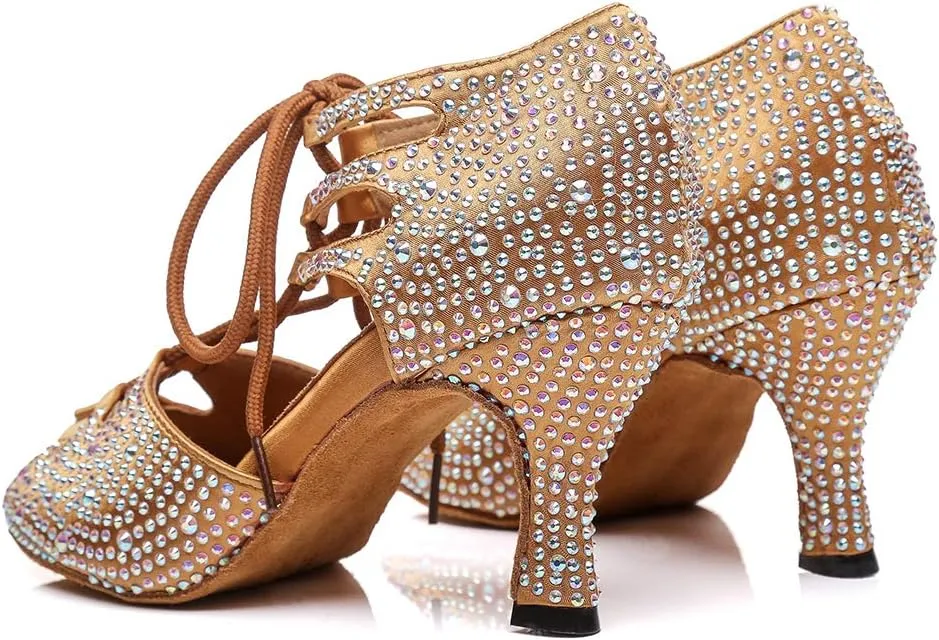 JUODVMP Women's Latin Dance Shoes with Rhinestone Peep Toe Lace Up Ballroom Salsa Tango Practice Performance Dance Shoes,Model YCL452