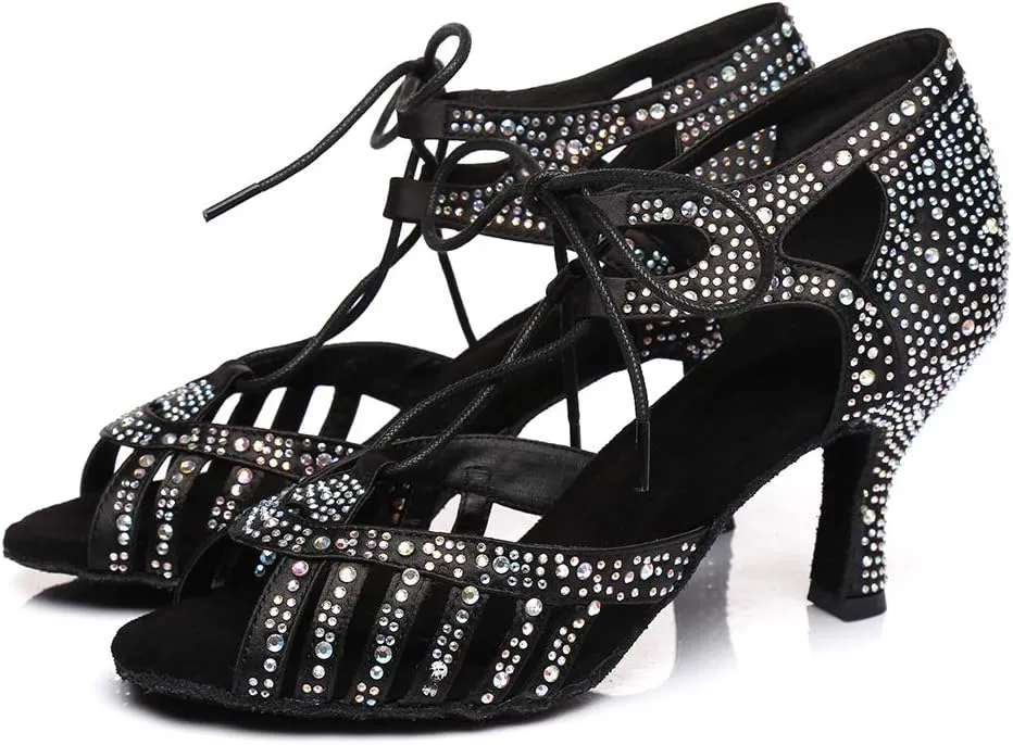 JUODVMP Women's Latin Dance Shoes with Rhinestone Peep Toe Lace Up Ballroom Salsa Tango Practice Performance Dance Shoes,Model YCL452