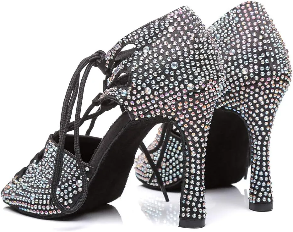JUODVMP Women's Latin Dance Shoes with Rhinestone Peep Toe Lace Up Ballroom Salsa Tango Practice Performance Dance Shoes,Model YCL452