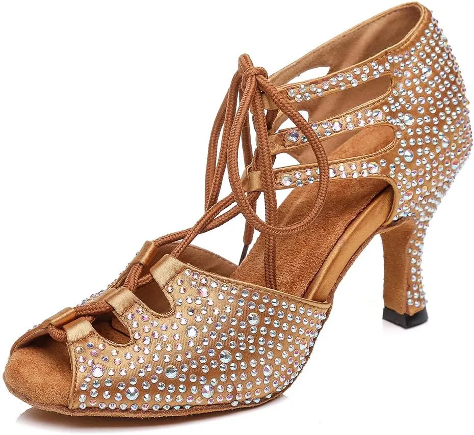 JUODVMP Women's Latin Dance Shoes with Rhinestone Peep Toe Lace Up Ballroom Salsa Tango Practice Performance Dance Shoes,Model YCL452