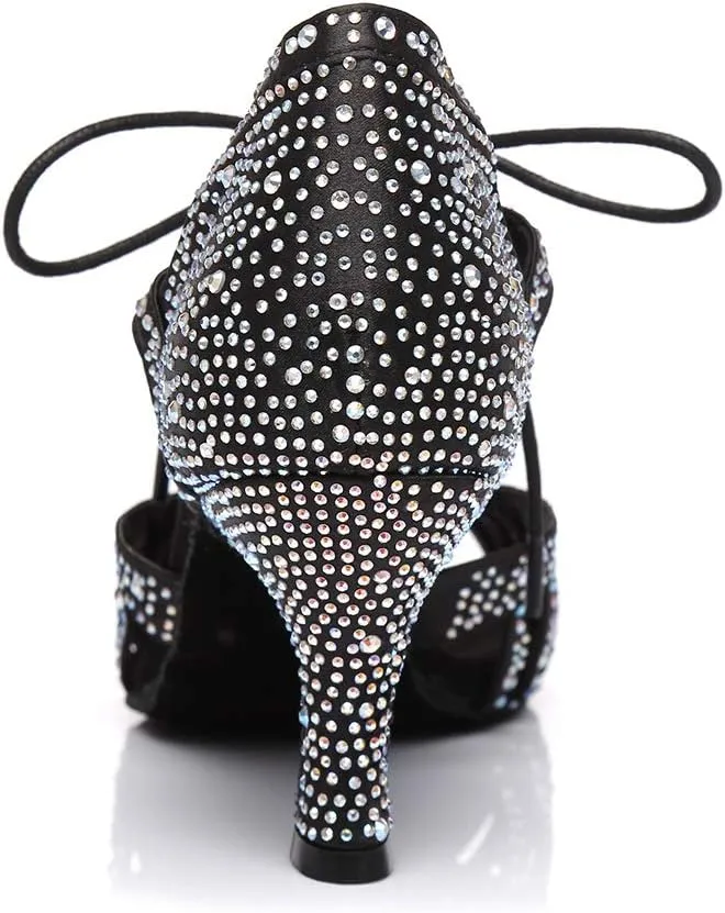 JUODVMP Women's Latin Dance Shoes with Rhinestone Peep Toe Lace Up Ballroom Salsa Tango Practice Performance Dance Shoes,Model YCL452