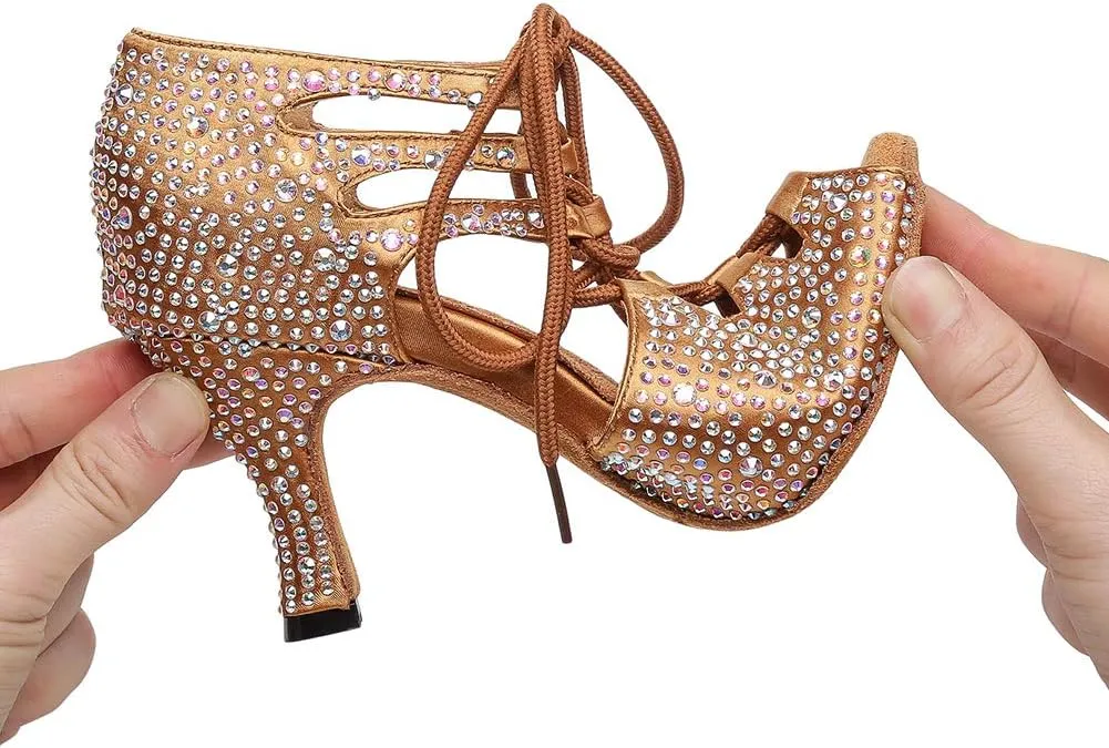 JUODVMP Women's Latin Dance Shoes with Rhinestone Peep Toe Lace Up Ballroom Salsa Tango Practice Performance Dance Shoes,Model YCL452