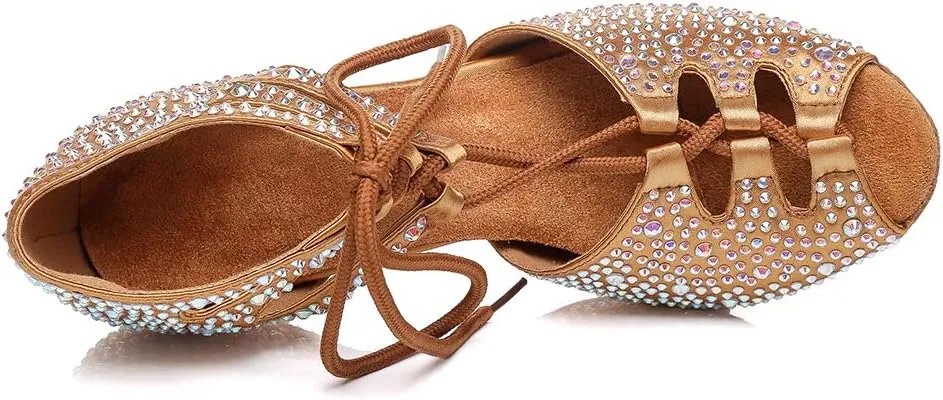 JUODVMP Women's Latin Dance Shoes with Rhinestone Peep Toe Lace Up Ballroom Salsa Tango Practice Performance Dance Shoes,Model YCL452