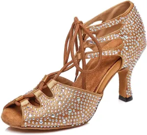JUODVMP Women's Latin Dance Shoes with Rhinestone Peep Toe Lace Up Ballroom Salsa Tango Practice Performance Dance Shoes,Model YCL452