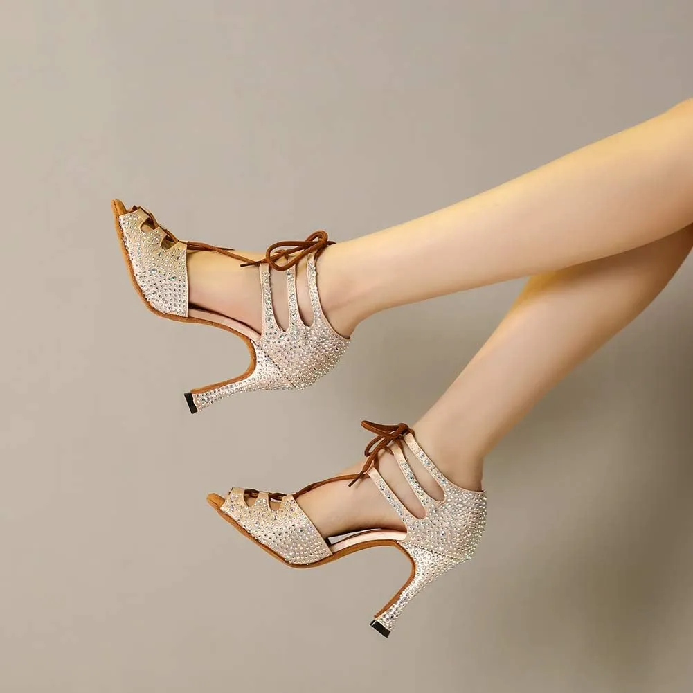 JUODVMP Women's Latin Dance Shoes with Rhinestone Peep Toe Lace Up Ballroom Salsa Tango Practice Performance Dance Shoes,Model YCL452