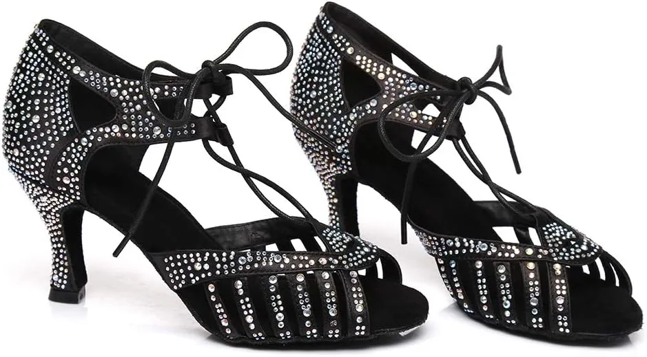 JUODVMP Women's Latin Dance Shoes with Rhinestone Peep Toe Lace Up Ballroom Salsa Tango Practice Performance Dance Shoes,Model YCL452