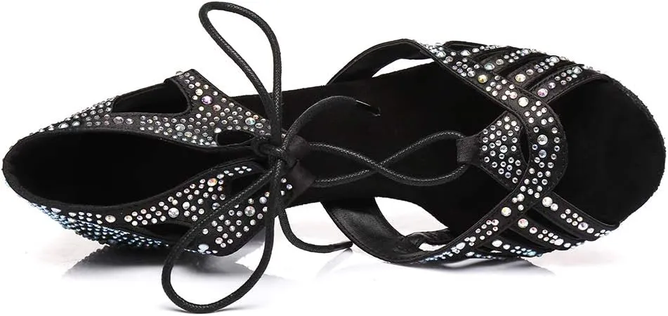 JUODVMP Women's Latin Dance Shoes with Rhinestone Peep Toe Lace Up Ballroom Salsa Tango Practice Performance Dance Shoes,Model YCL452