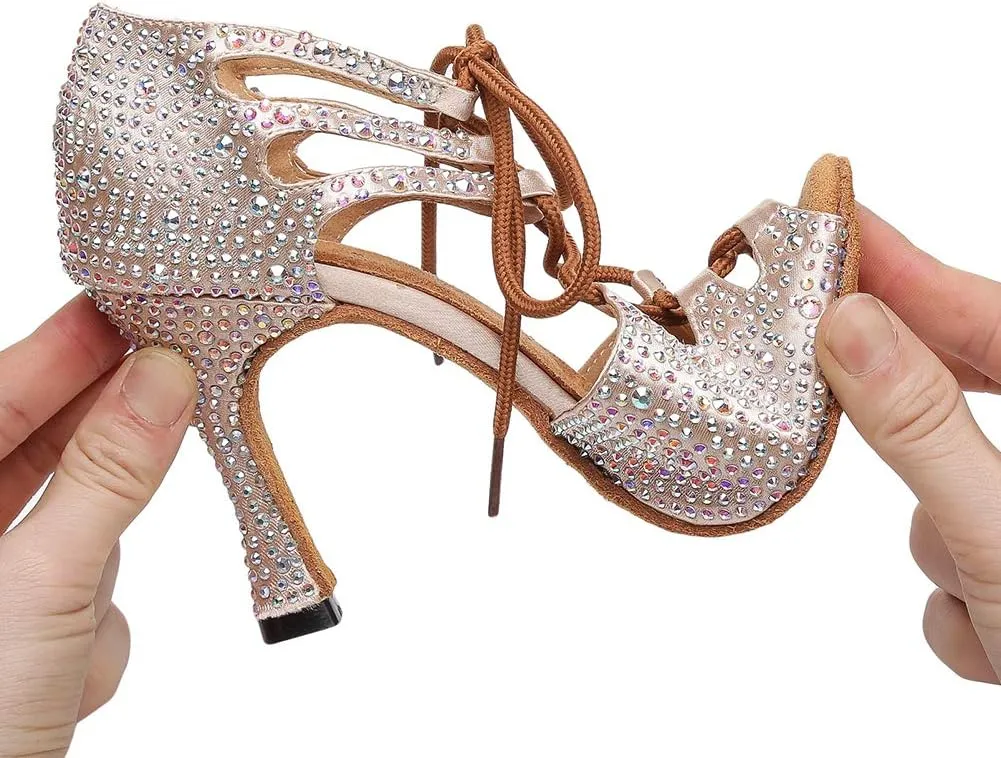 JUODVMP Women's Latin Dance Shoes with Rhinestone Peep Toe Lace Up Ballroom Salsa Tango Practice Performance Dance Shoes,Model YCL452