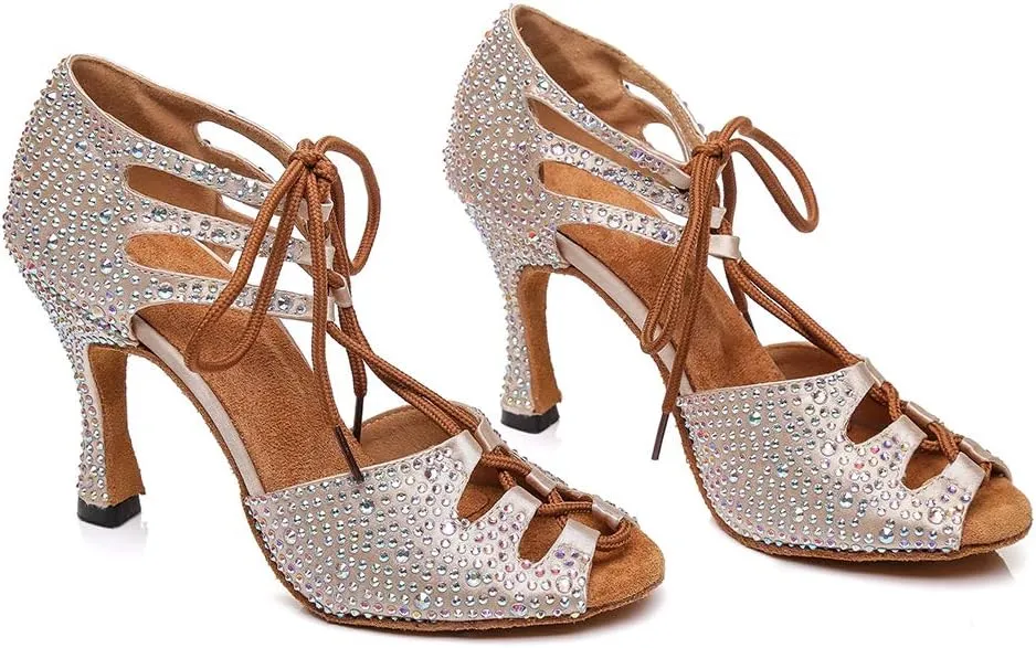 JUODVMP Women's Latin Dance Shoes with Rhinestone Peep Toe Lace Up Ballroom Salsa Tango Practice Performance Dance Shoes,Model YCL452