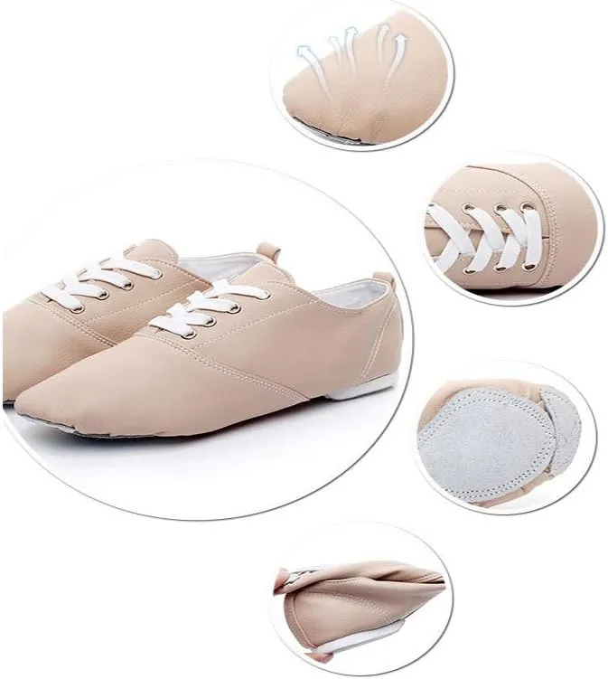 JUODVMP Women's Leather Upper and Suede Split Sole Jazz Ballet Yoga Dance Shoes,Model TJDBPUFBJS