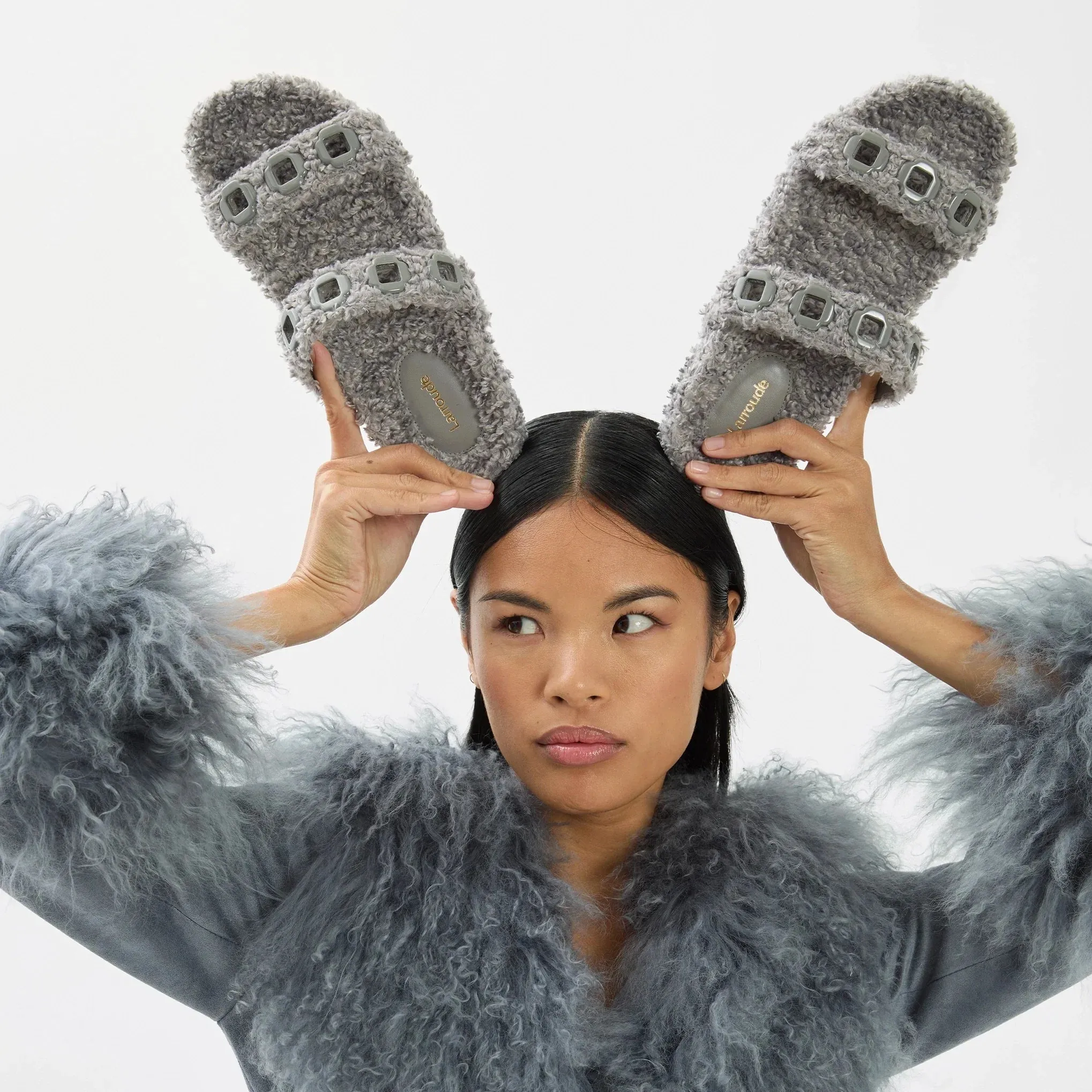Larroude Milan Slide In Blue Faux Fur