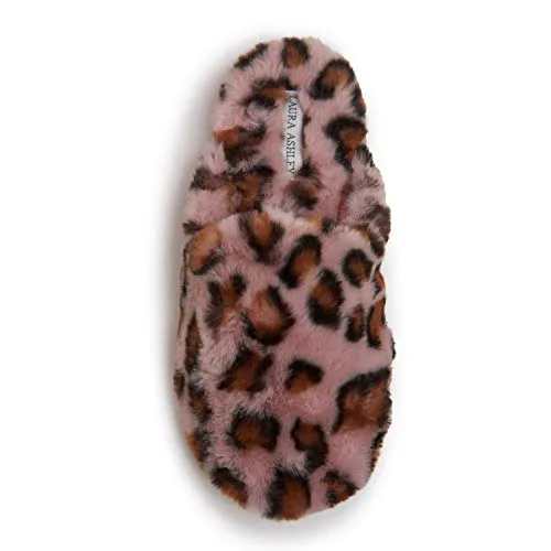 Laura Ashley Scuff Slippers, Plush Animal Print Slip-Ons for Women with Memory Foam Insole, Pink, Large