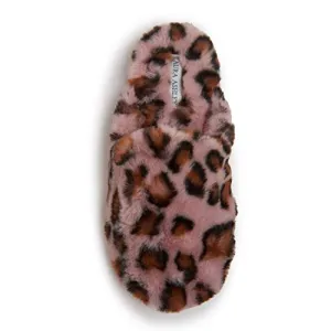 Laura Ashley Scuff Slippers, Plush Animal Print Slip-Ons for Women with Memory Foam Insole, Pink, Large