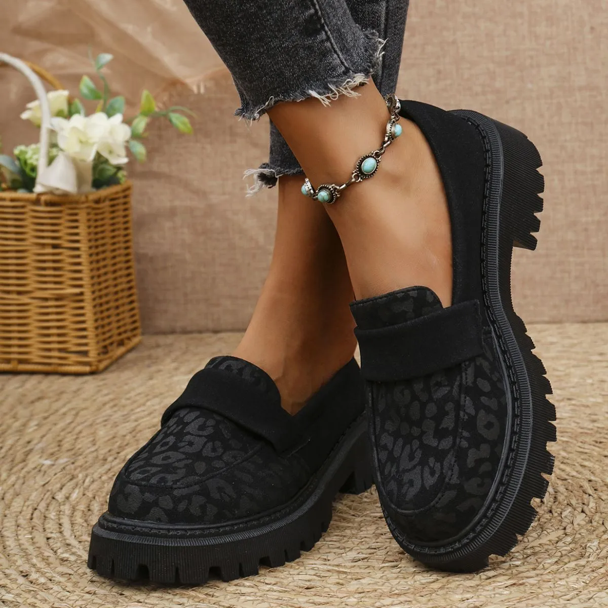 Leopard Round Toe Platform Slip-Ons