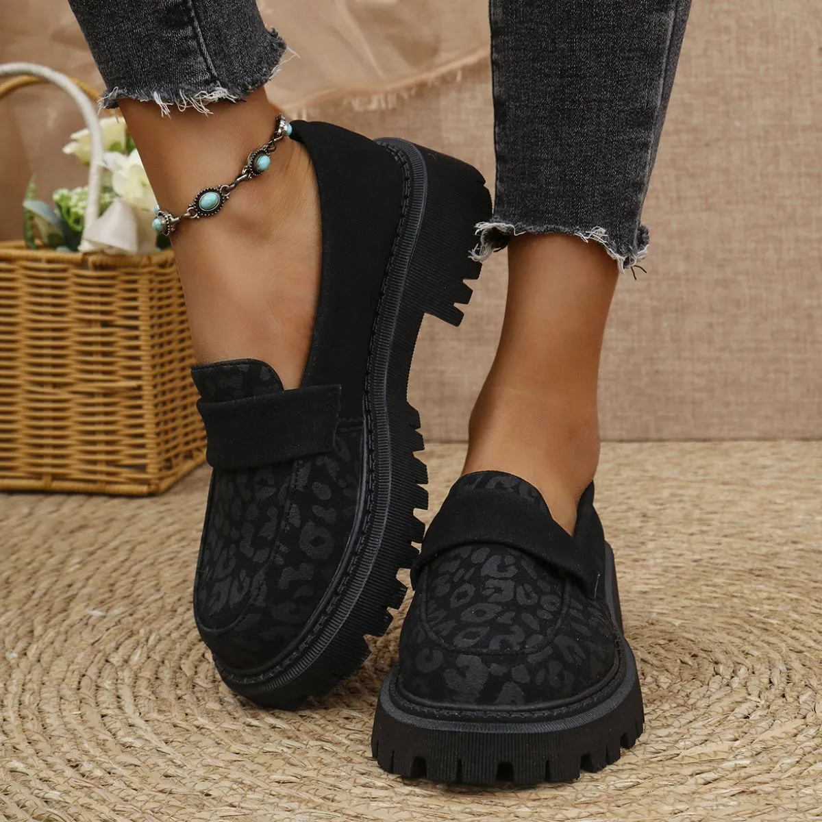 Leopard Round Toe Platform Slip-Ons