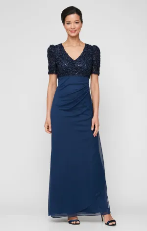 Long Empire Waist Dress with Soutache Bodice, Puff Sleeve Detail & Cascade Ruffle Skirt