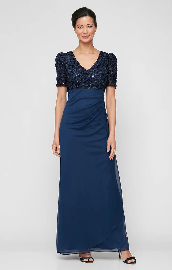 Long Empire Waist Dress with Soutache Bodice, Puff Sleeve Detail & Cascade Ruffle Skirt