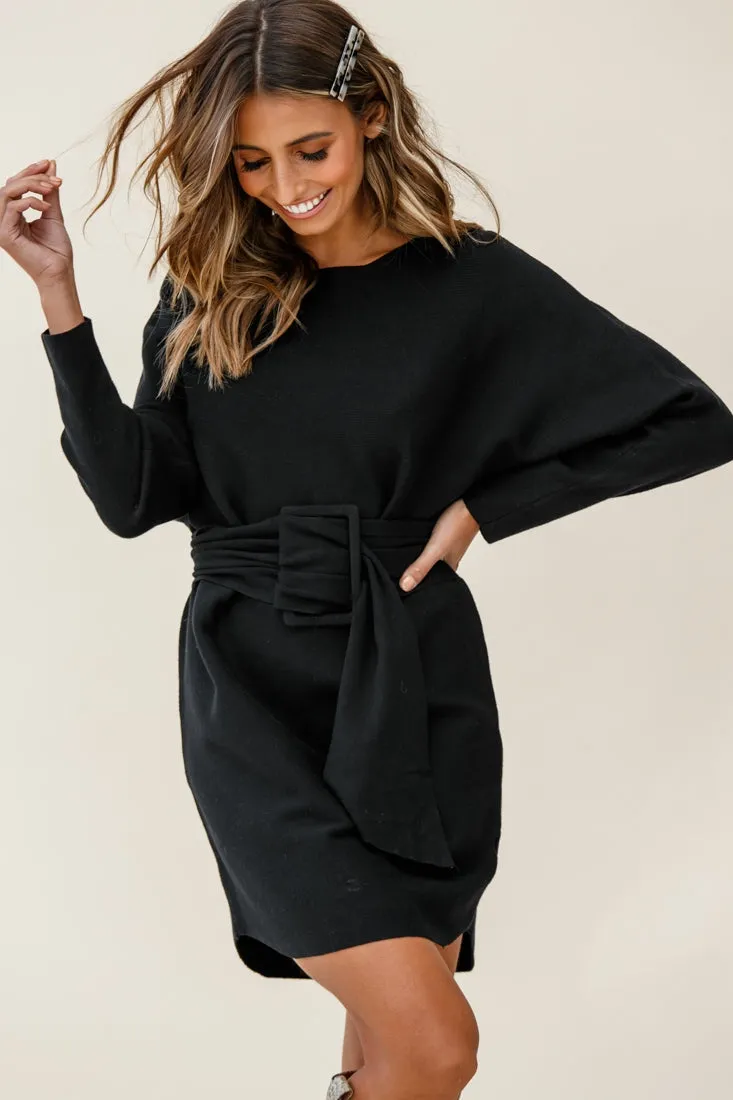 Lorelei Long Sleeve Wide Belt Knit Dress Black