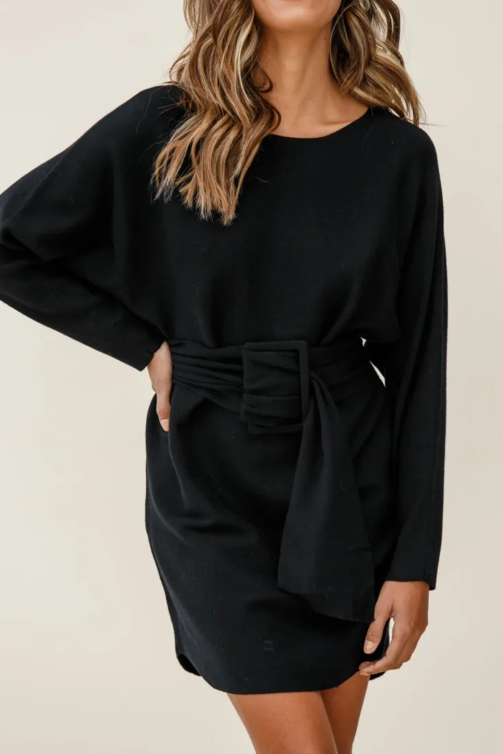 Lorelei Long Sleeve Wide Belt Knit Dress Black