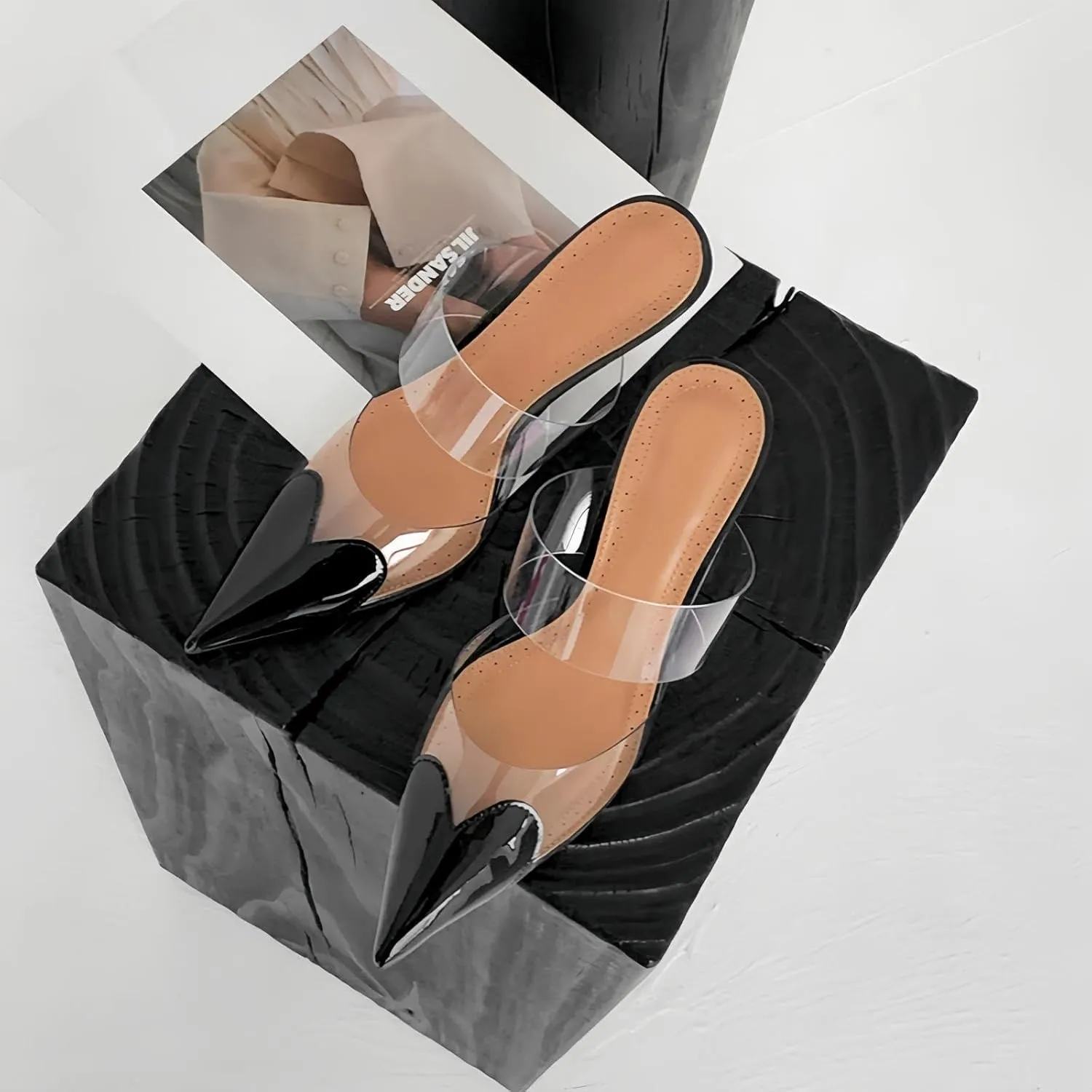 Love Heart Clear High Heeled Sandals for Women Closed Pointed Toe Comfortable Stiletto Mule Slip On Summer Party Prom Shoes