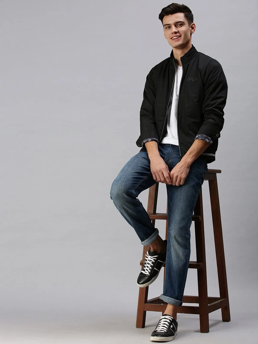 Men Black Geometric Bomber with Patchwork Jacket