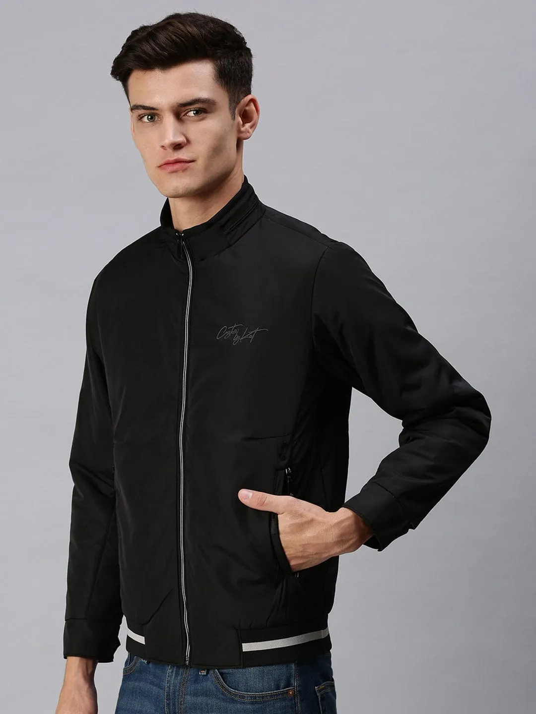 Men Black Geometric Bomber with Patchwork Jacket
