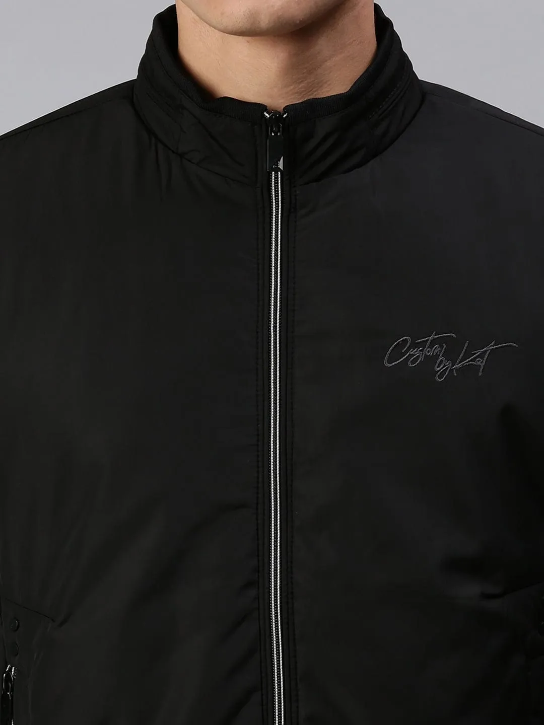 Men Black Geometric Bomber with Patchwork Jacket