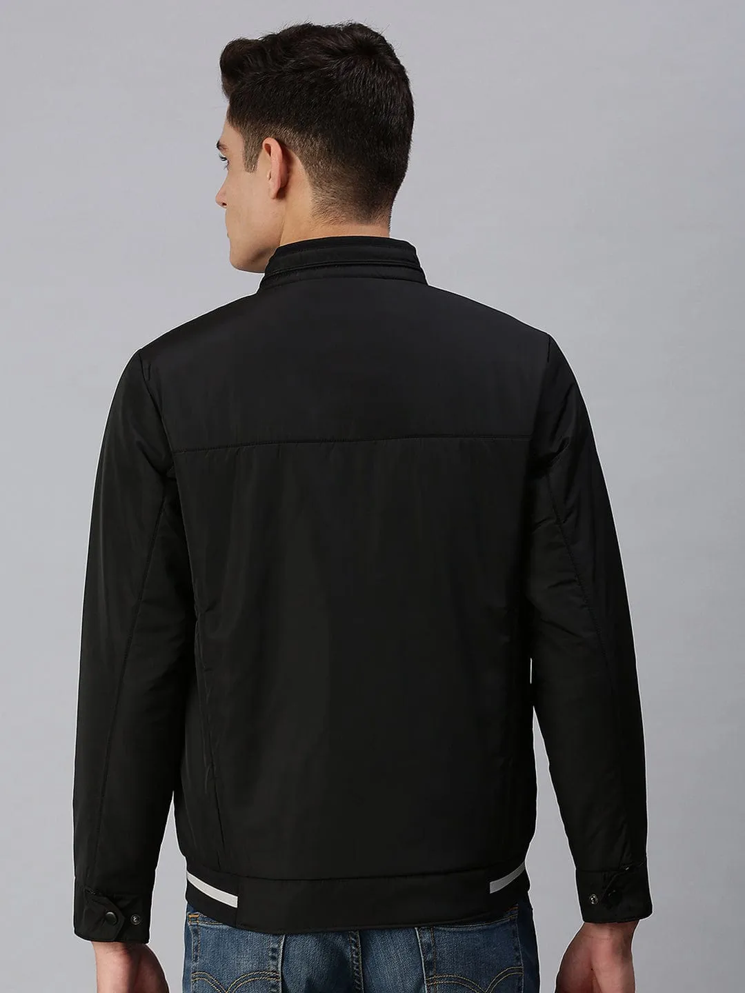 Men Black Geometric Bomber with Patchwork Jacket