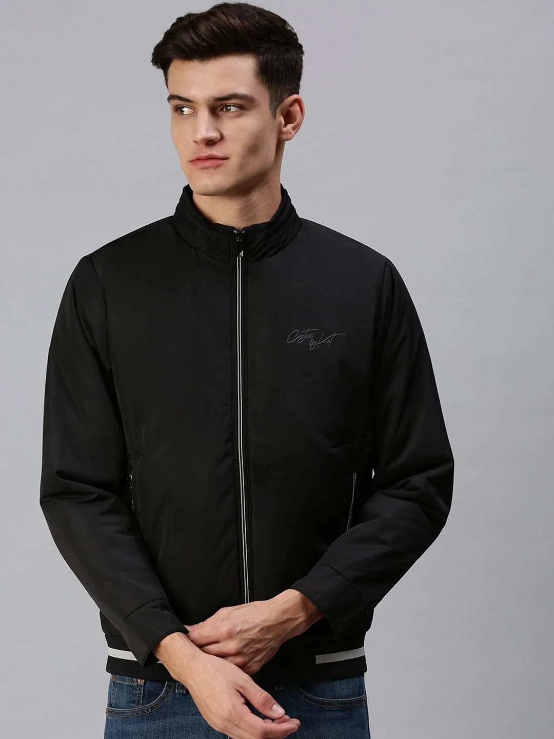 Men Black Geometric Bomber with Patchwork Jacket