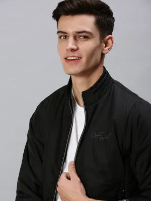 Men Black Geometric Bomber with Patchwork Jacket