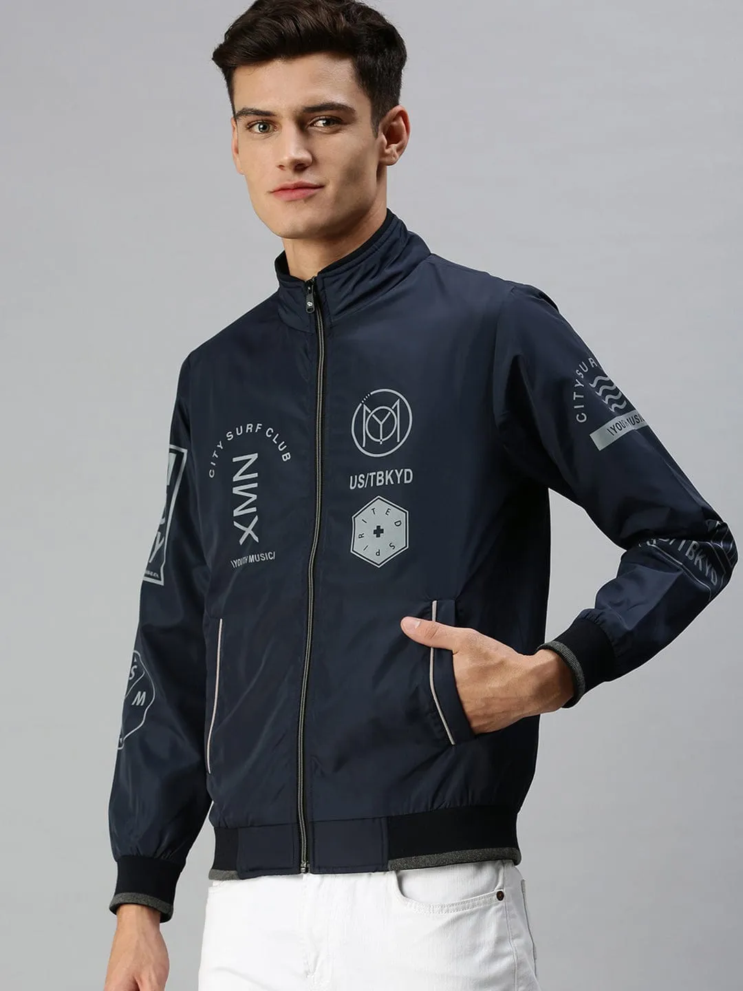Men Blue Bomber with Patchwork Jacket