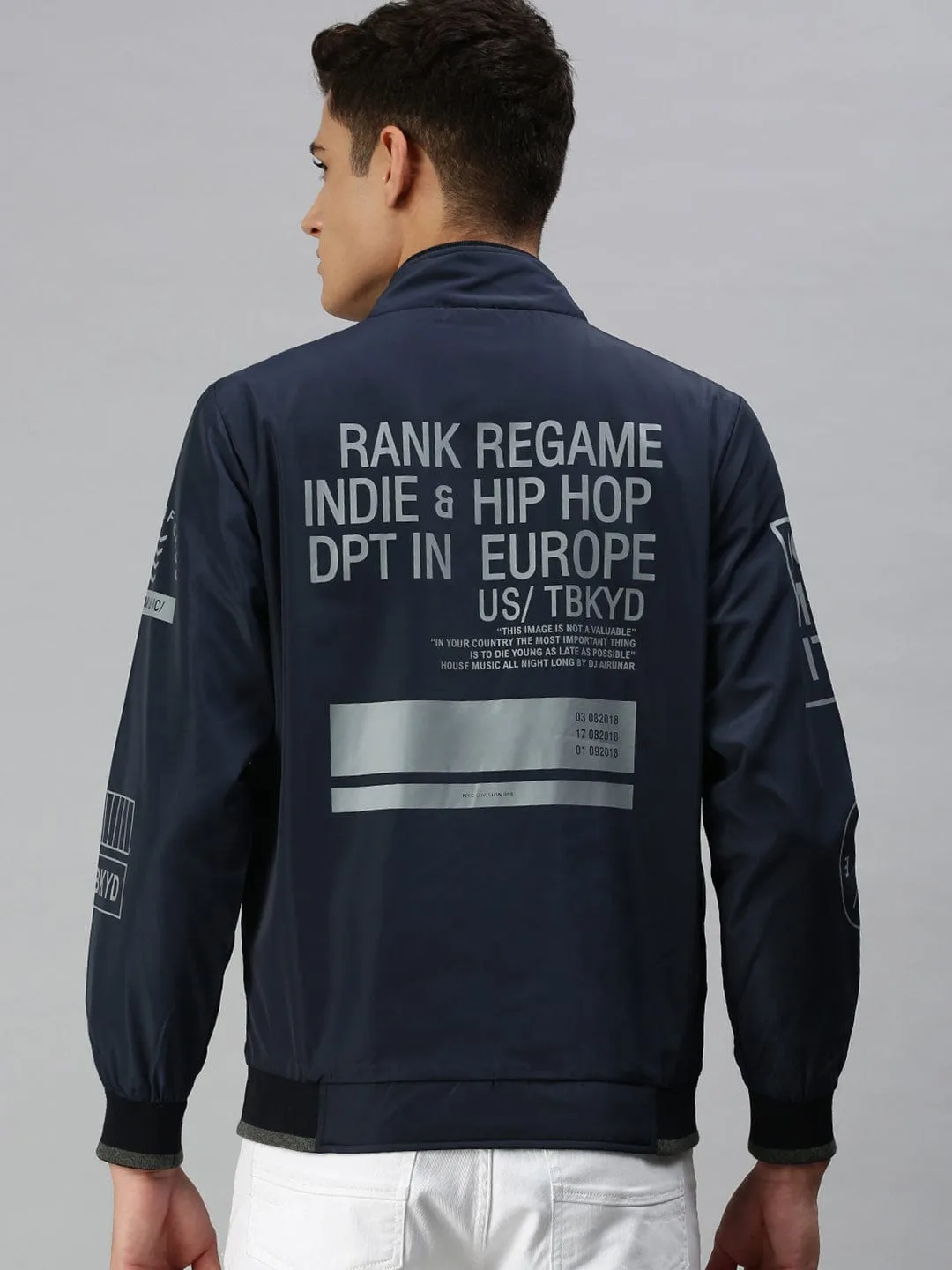 Men Blue Bomber with Patchwork Jacket