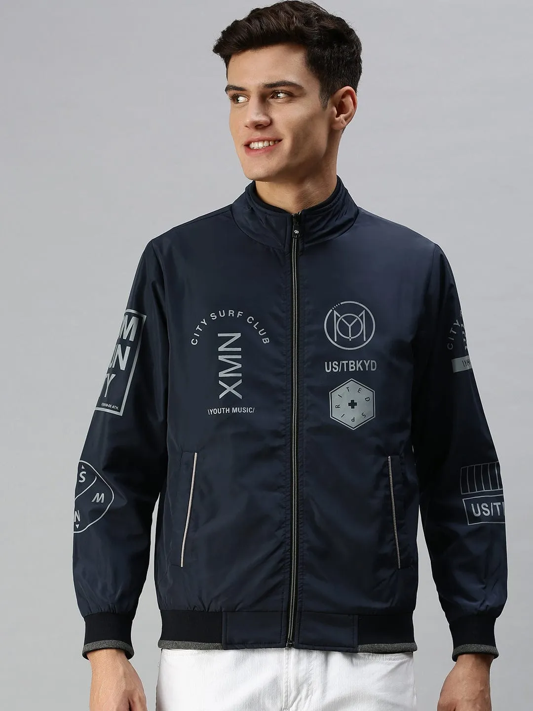 Men Blue Bomber with Patchwork Jacket