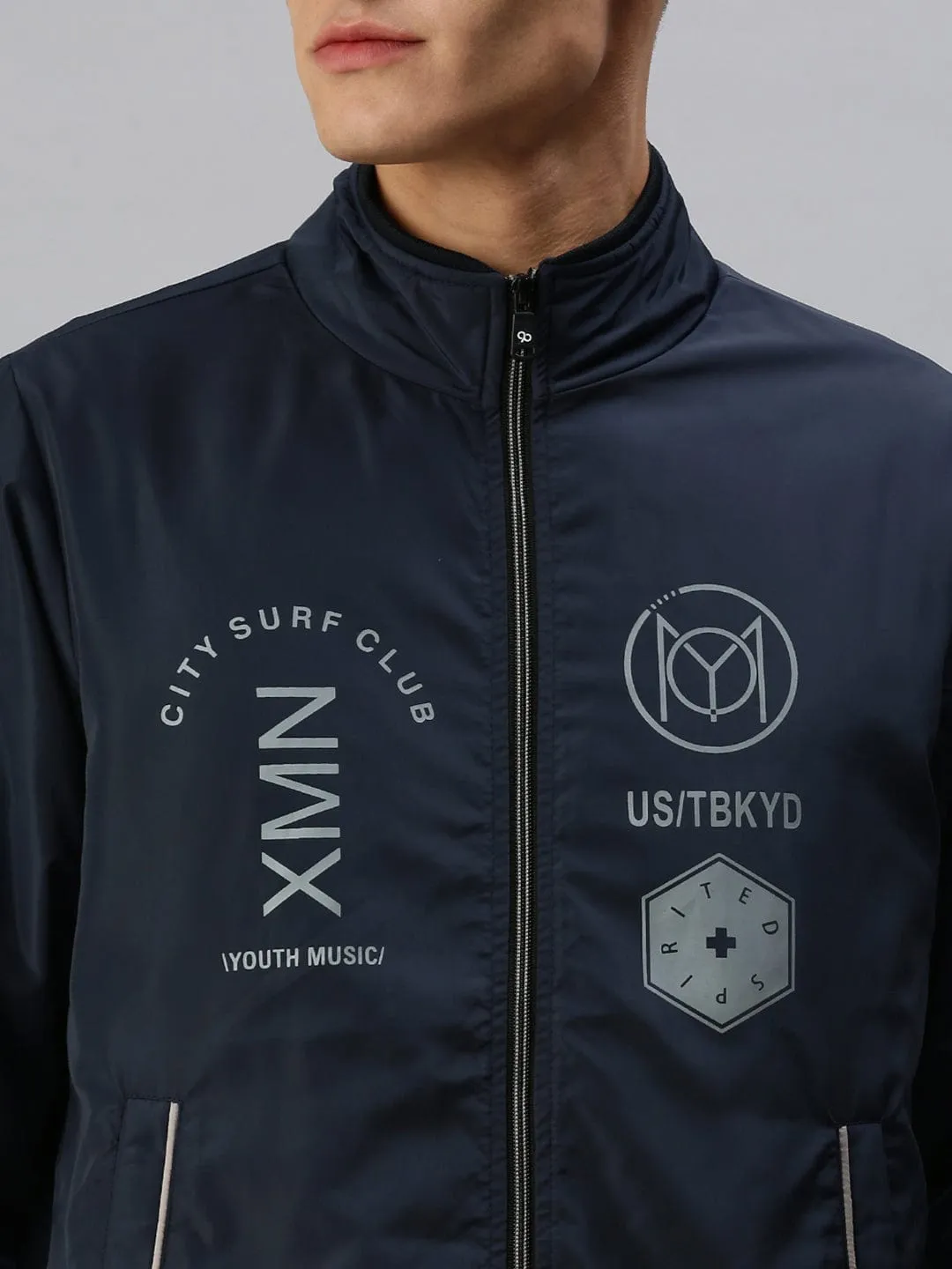 Men Blue Bomber with Patchwork Jacket