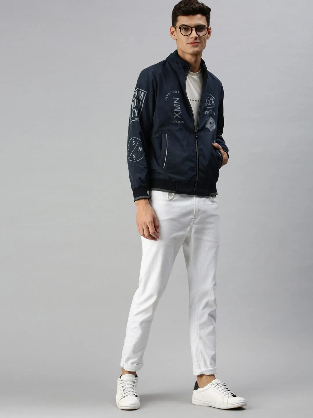 Men Blue Bomber with Patchwork Jacket