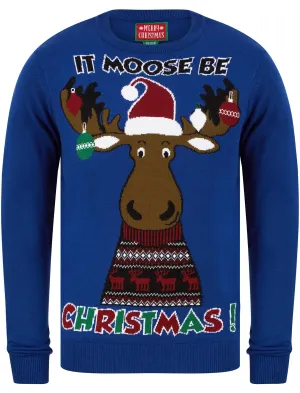 Men's Christmoose Novelty Christmas Jumper in Sapphire Blue - Merry Christmas