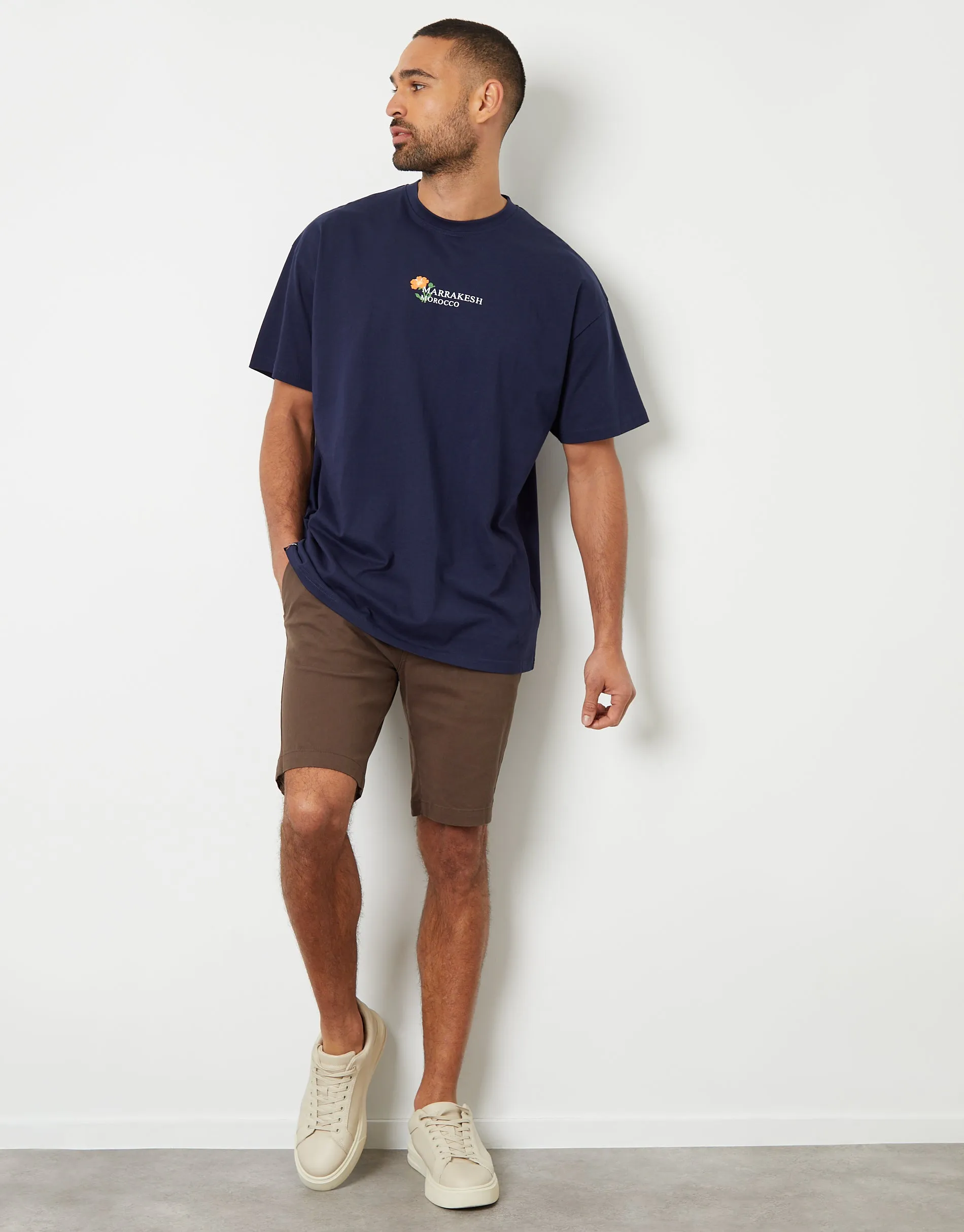 Men's Navy Floral Graphic Print Oversized T-Shirt