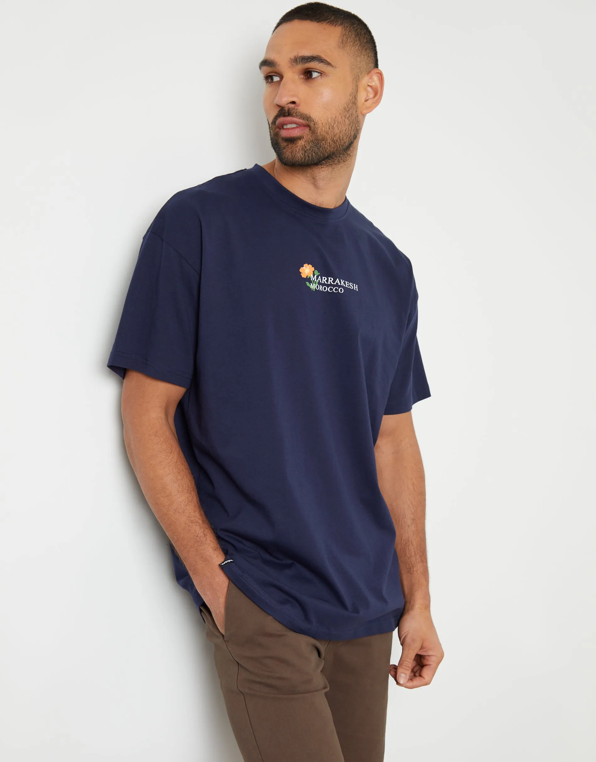 Men's Navy Floral Graphic Print Oversized T-Shirt