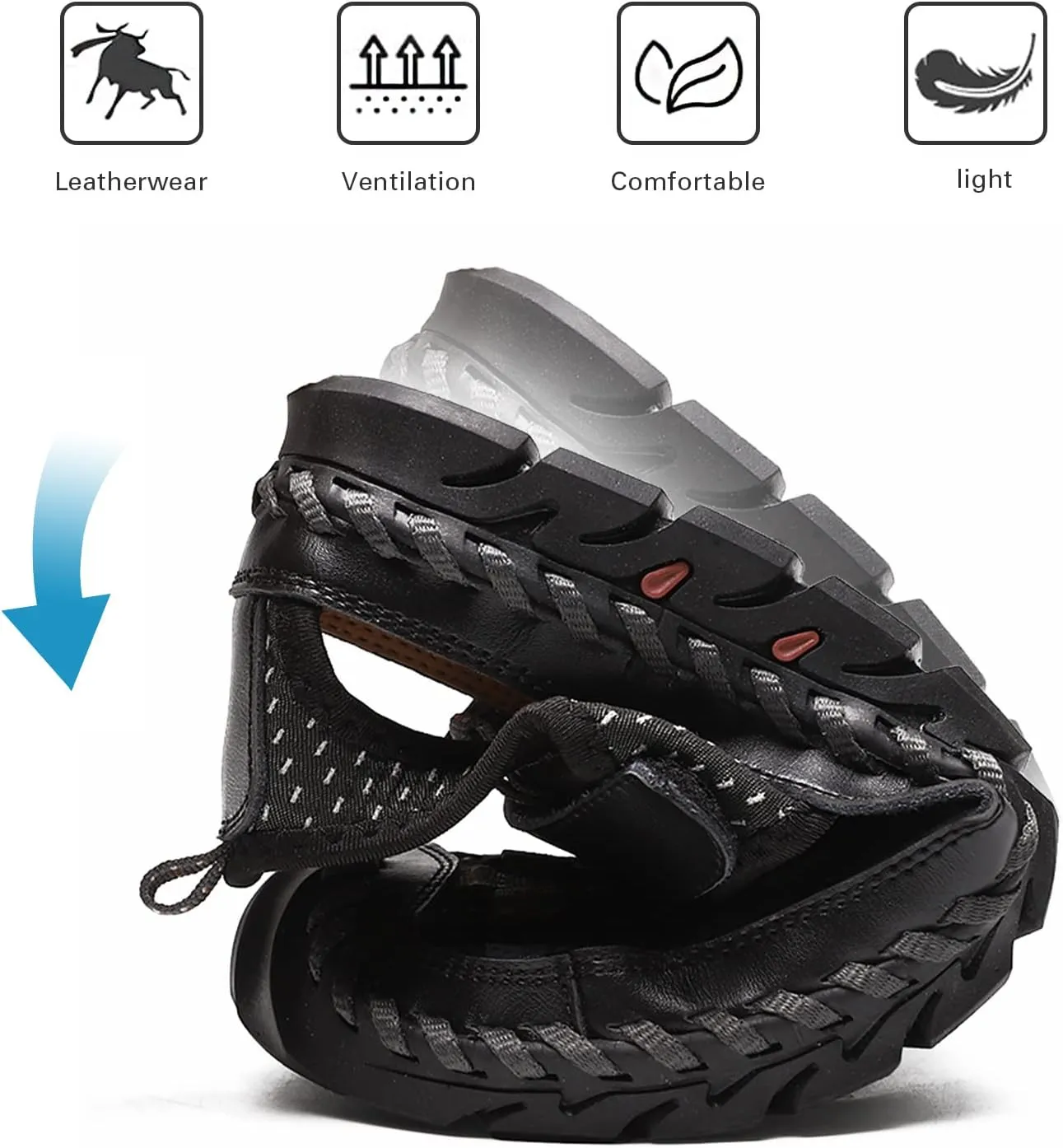 Men's Sandals, Summer Leather Fisherman Beach Shoes Closed Toe Sandals for Men Handmade Breathable Water Sandals Outdoor Non Slip Walking Shoes Anti Collision Comfort Hiking Athletic Slides Sandals