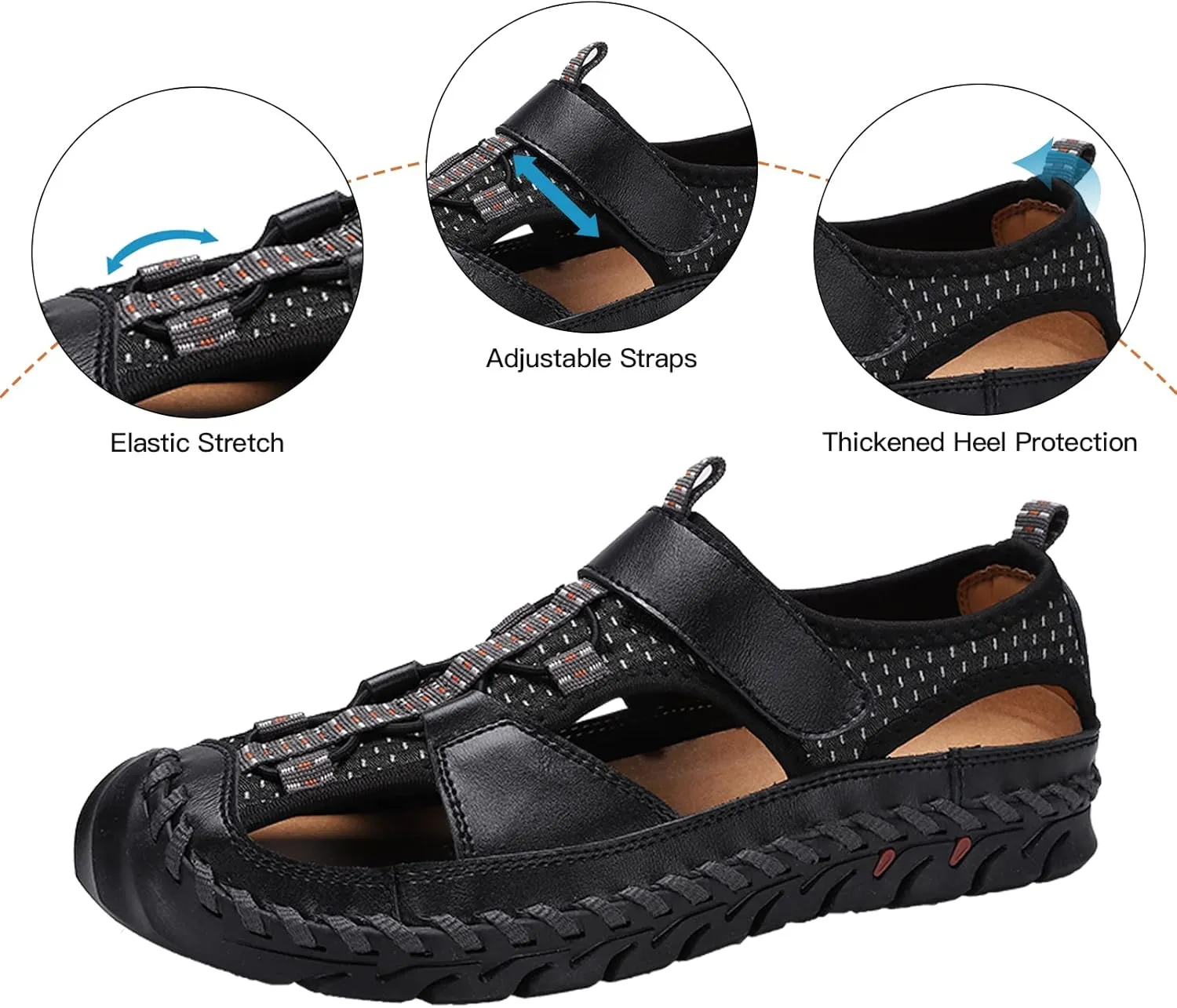 Men's Sandals, Summer Leather Fisherman Beach Shoes Closed Toe Sandals for Men Handmade Breathable Water Sandals Outdoor Non Slip Walking Shoes Anti Collision Comfort Hiking Athletic Slides Sandals