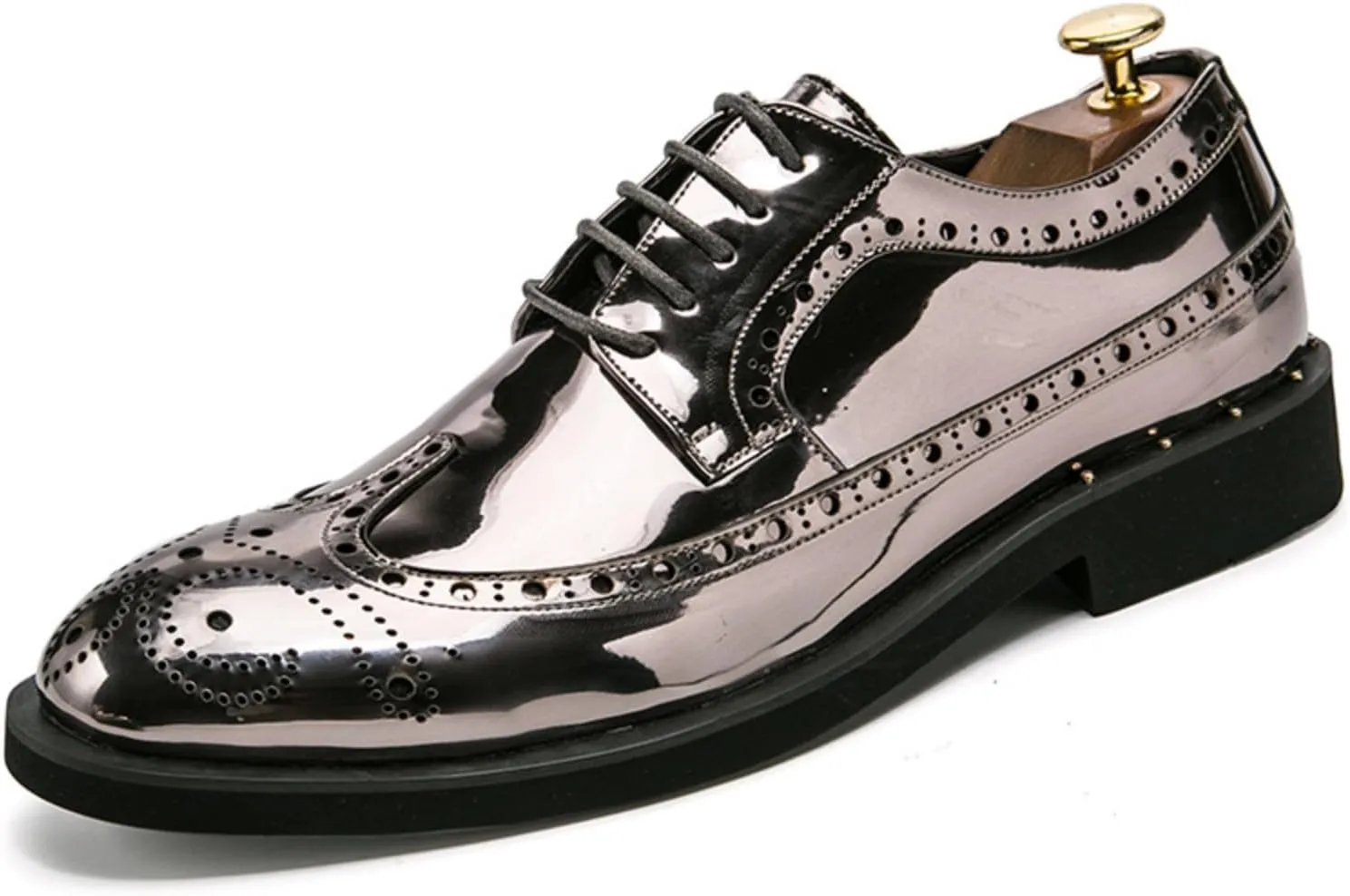 Men's Sparkle Patent Leather Brogue Wingtip Lace Up Dress Oxford Shoes Tuxedo Modern Round Toe Slip On Derby Shoes for Wedding Evening Party