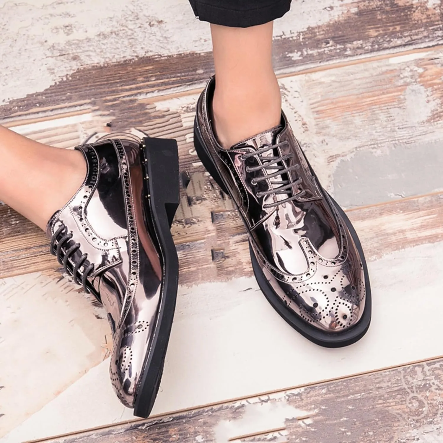 Men's Sparkle Patent Leather Brogue Wingtip Lace Up Dress Oxford Shoes Tuxedo Modern Round Toe Slip On Derby Shoes for Wedding Evening Party