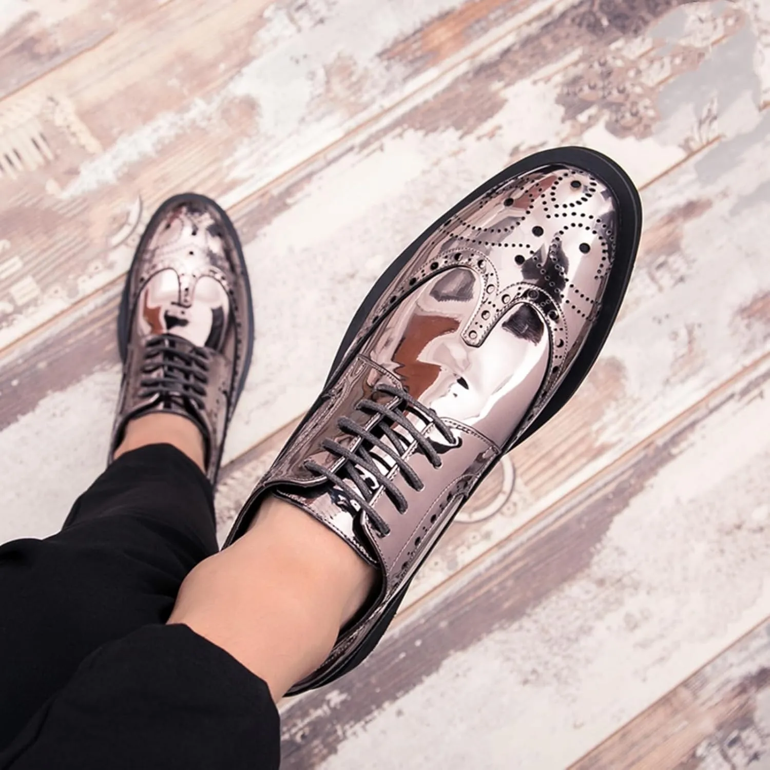 Men's Sparkle Patent Leather Brogue Wingtip Lace Up Dress Oxford Shoes Tuxedo Modern Round Toe Slip On Derby Shoes for Wedding Evening Party