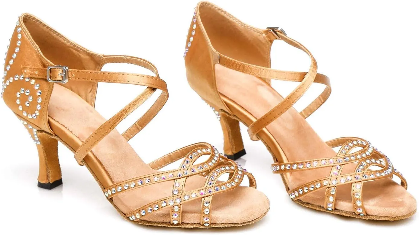 Minishion Latin Salsa Dance Shoes for Women Rhinestones Pattern Wedding Evening Sandals