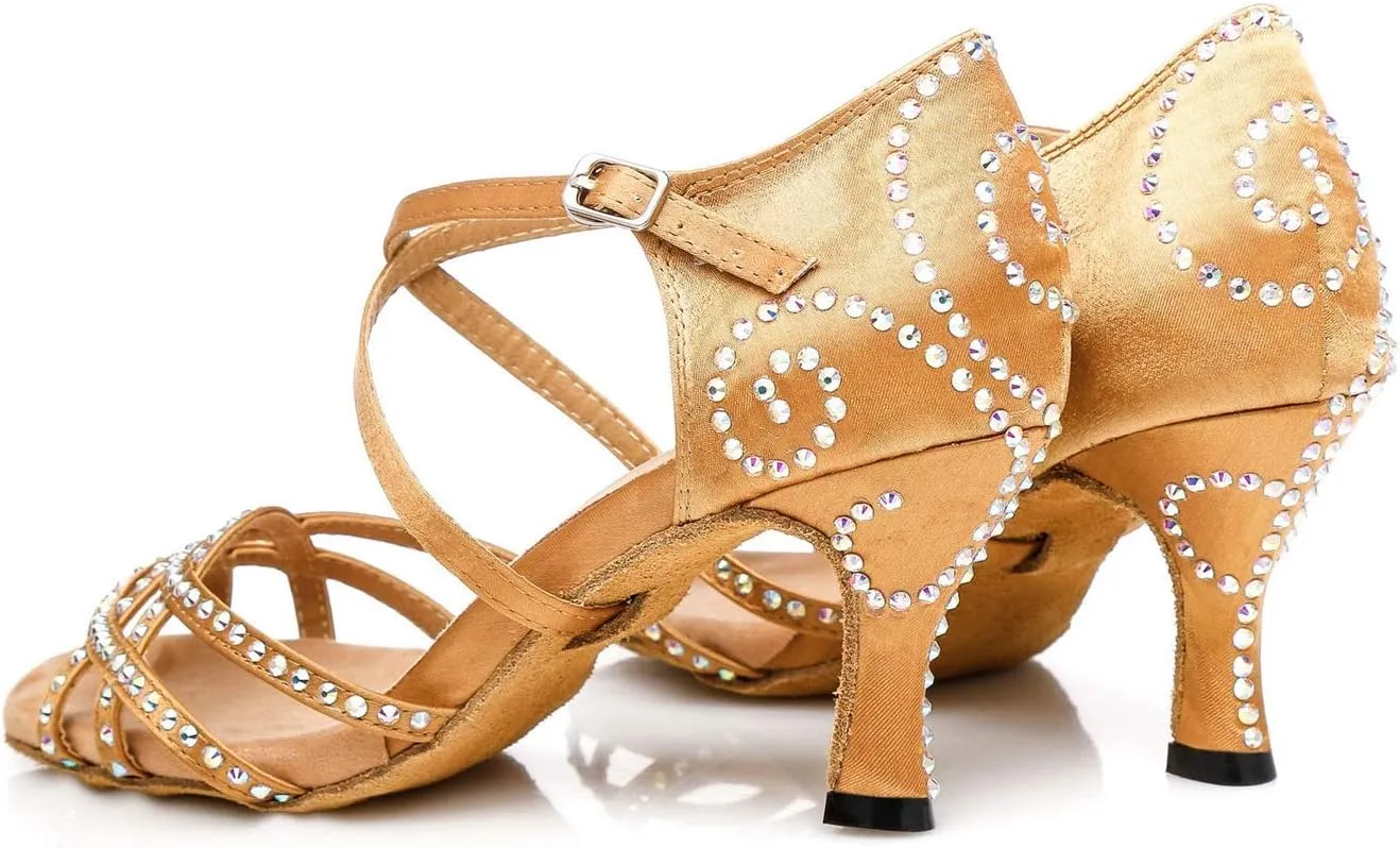 Minishion Latin Salsa Dance Shoes for Women Rhinestones Pattern Wedding Evening Sandals