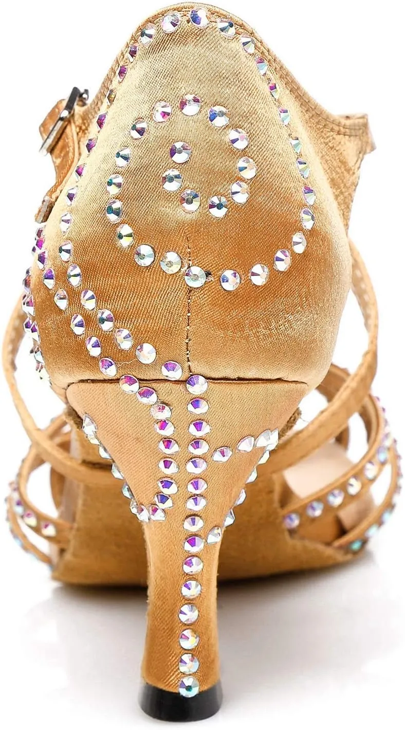 Minishion Latin Salsa Dance Shoes for Women Rhinestones Pattern Wedding Evening Sandals