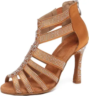 Minishion Womens Dance Ankle Sandals Sparkle Swing Dancing Shoes Rhinestones Wedding Booties L586